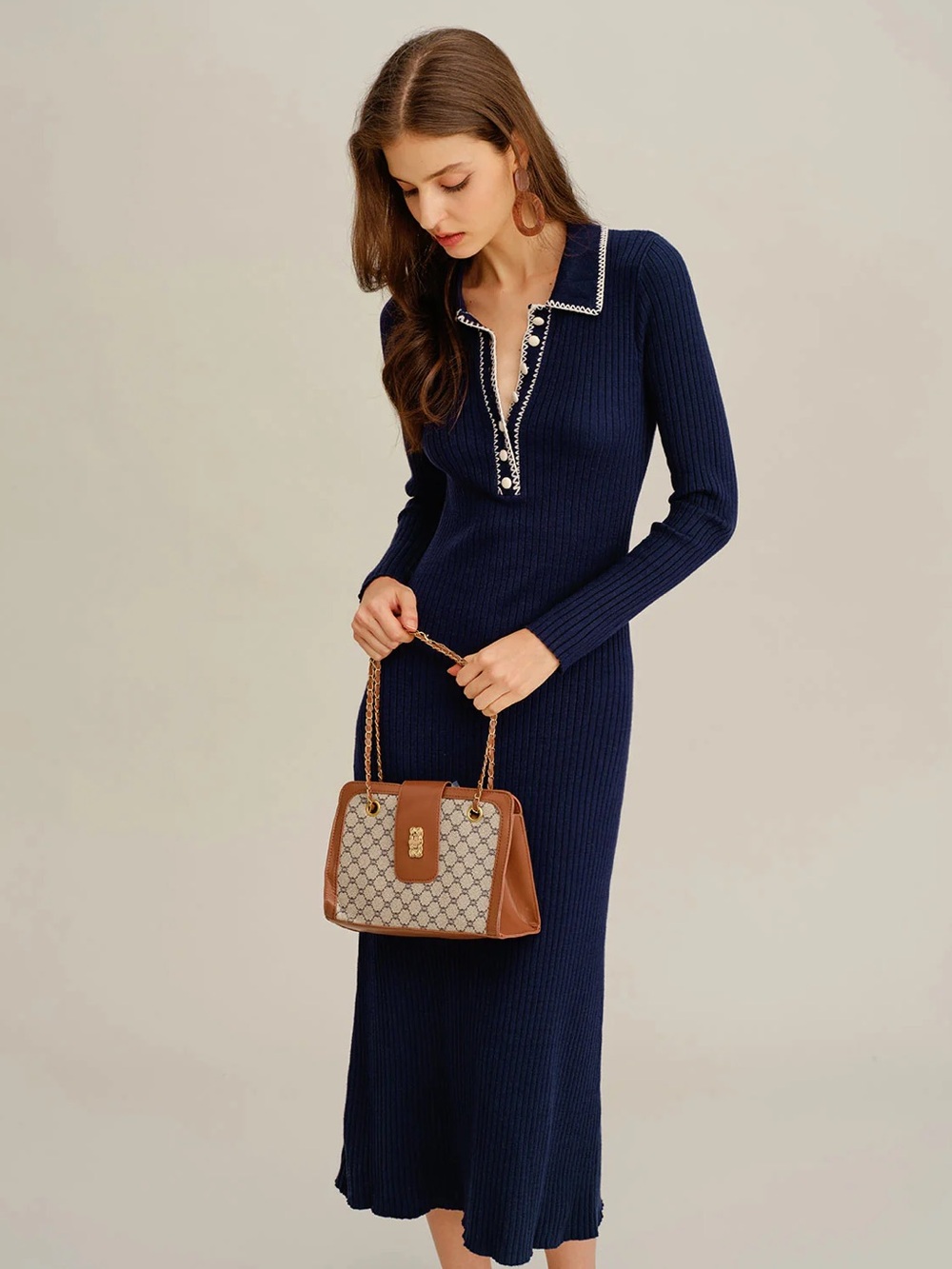 RIHOAS Navy Blue Knit Embroidered Collared Long Sleeve Button Placket Midi Dress